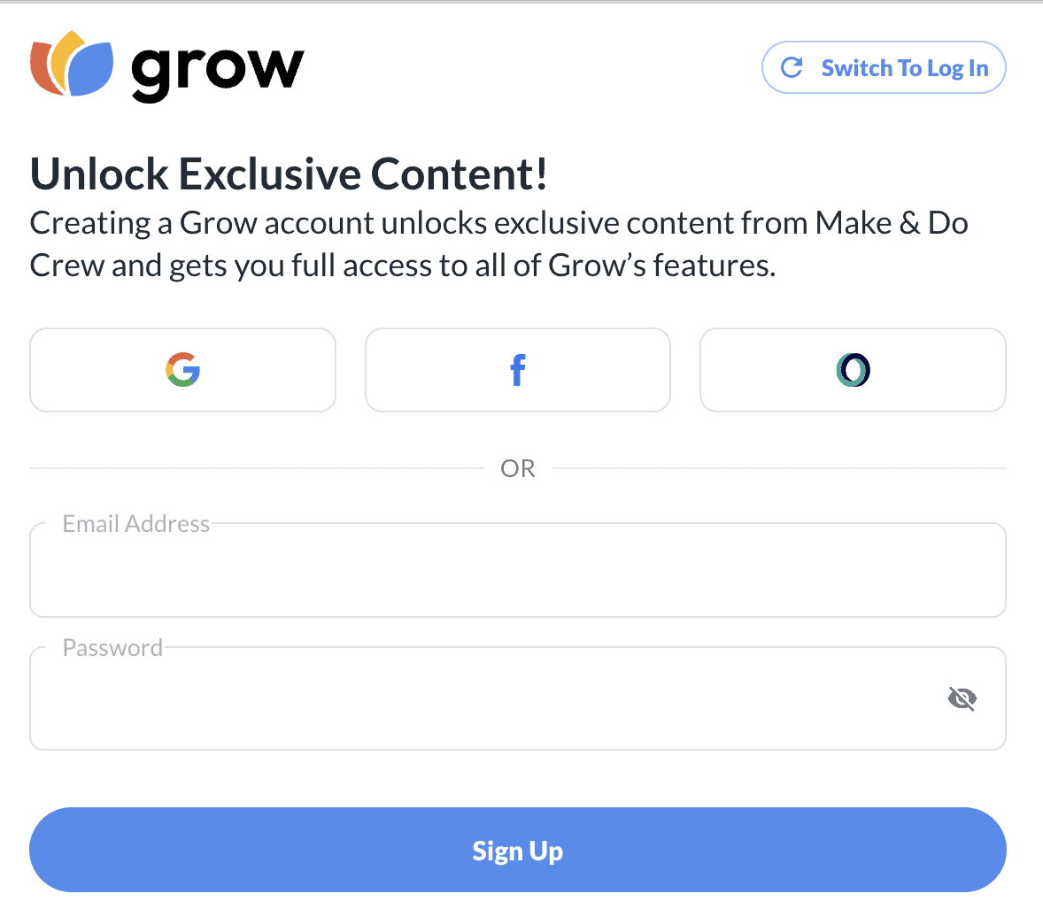 A white box providing the opportunity to create an account with Grow.